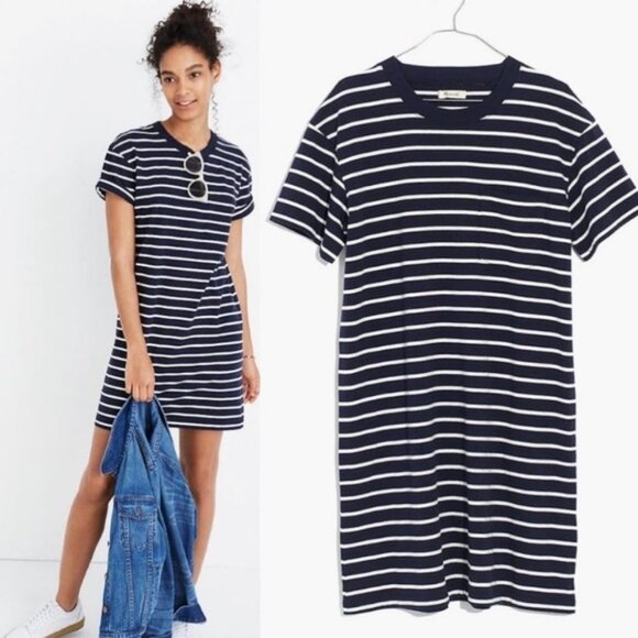 Madewell Striped Pocket Tee Dress Navy‎ White Size XXS 2019 Blue Short Sleeve - Picture 2 of 7